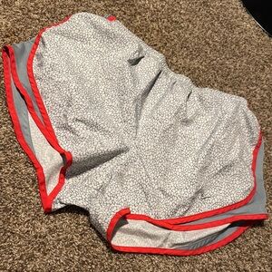 Nike Tempo Dri-Fit womens’ shorts (L) like new - gray & white w/dark orange trim